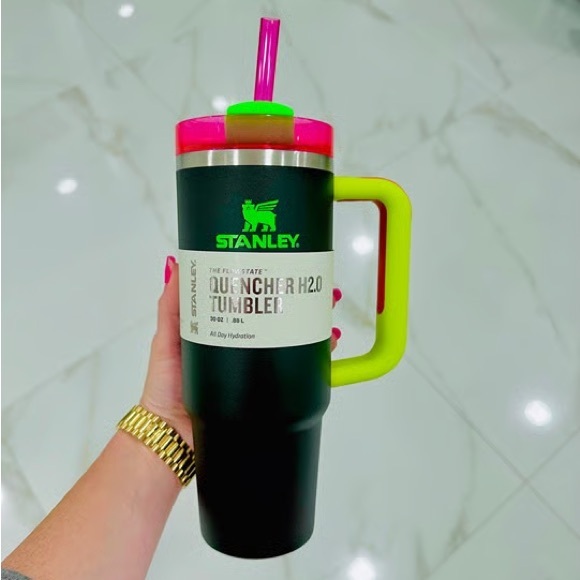 Stanley Other - STANLEY Tumbler 40 oz Flowstate Quencher H2.0 BLACK NEON SPRING FLING PINK